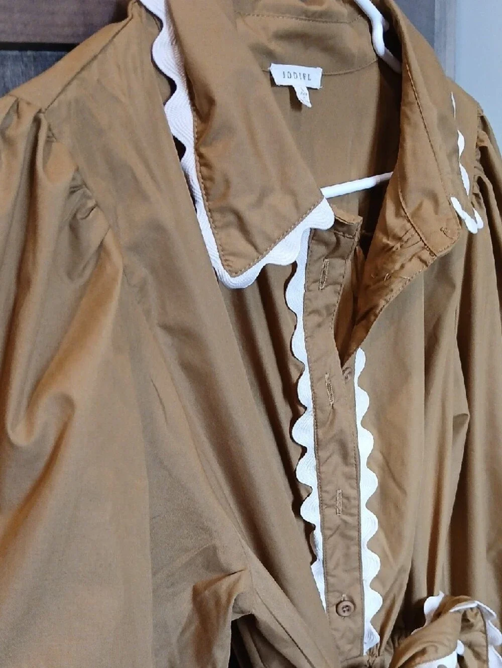 JODIFL Women's Mustard Brown Button-Front Tiered Shirt Dress with White Trim